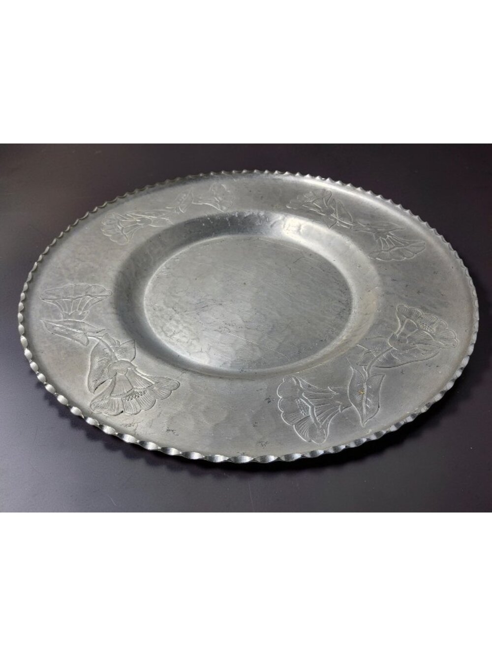 Vintage Farberware Hand Wrought Aluminum Serving Tray with Floral Design and Saw